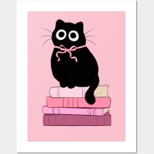 pink coquette cat on stack of books Posters and Art